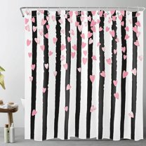 Black And White Striped Shower Curtain Decor Falling Pink Heart Valentine's Day Shower Curtain For Bathroom Polyester Bathroom Decoration Bath Curtains Hooks Included 36"W x 72"L (Pack of 1)