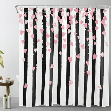 Black And White Striped Shower Curtain Decor Falling Pink Heart Valentine's Day Shower Curtain For Bathroom Polyester Bathroom Decoration Bath Curtains Hooks Included 36"W x 72"L (Pack of 1)