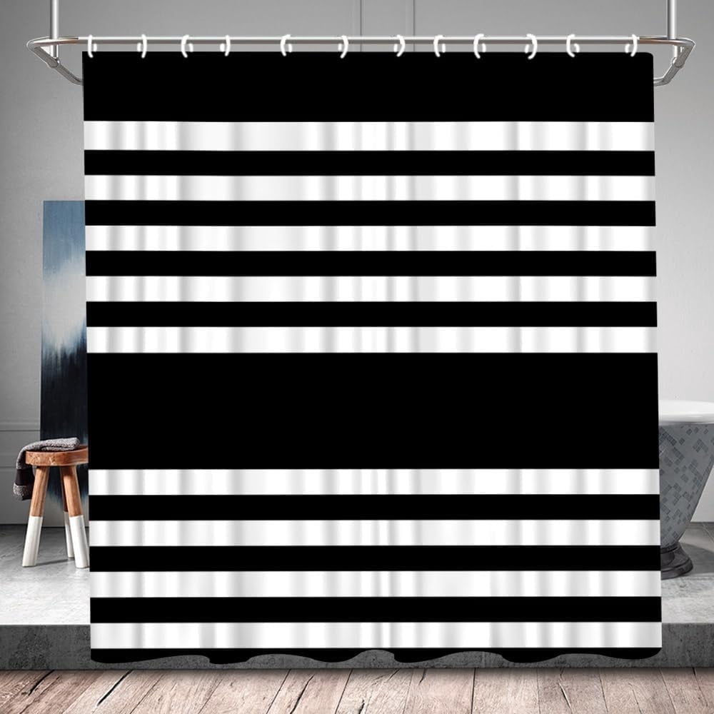 Black White Striped Shower Curtain Geometric Stripe Modern Contemporary Simple Fashion Boho Mid Century Fabric Bathroom Decor Set with Hooks 70Wx70H Inch