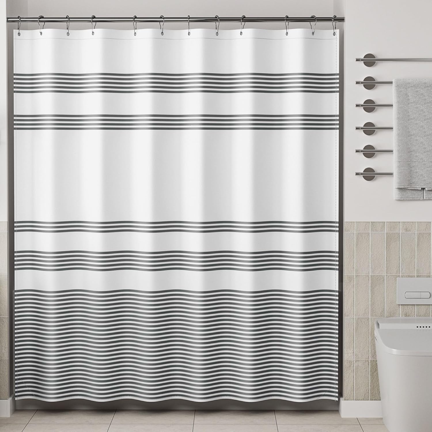 72 x 72 Inch Black and White Striped Fabric Shower Curtain