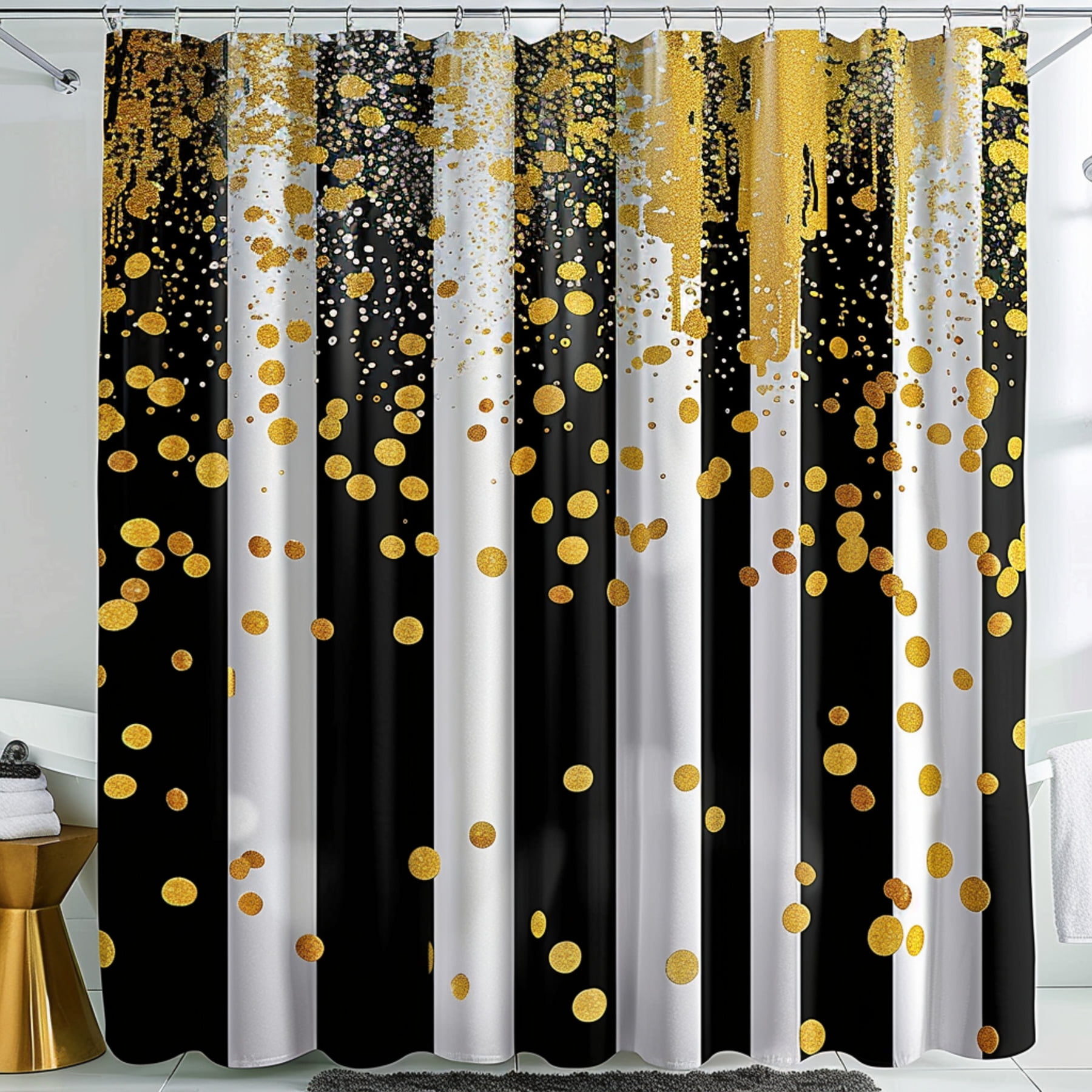 Black White Striped Shower Curtain with Gold Confetti Spots Jackson