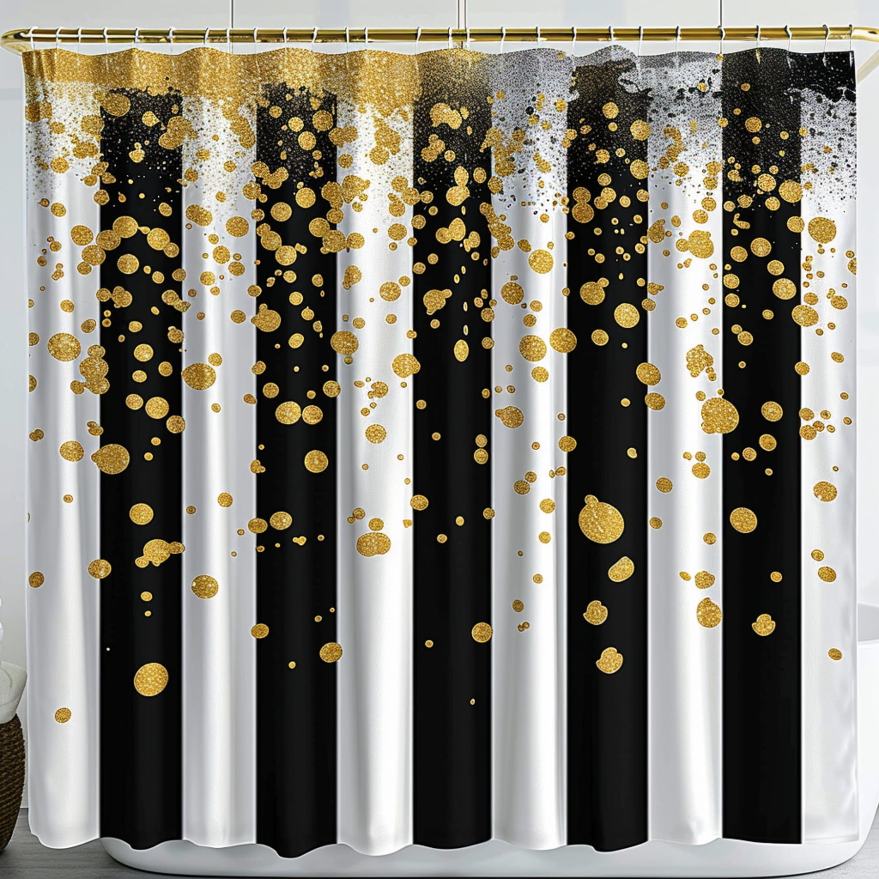 Black & White Striped Shower Curtain with Golden Confetti & Spots