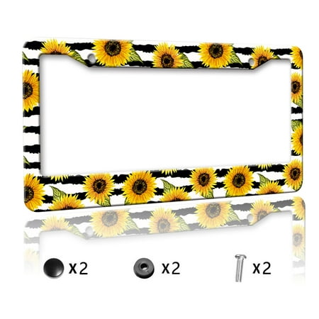 Black and White Striped Sunflower License Plate Frames Personalized License Plate Frames Cover Aluminum Anti-Rust Metal Car Plates Tag Car Decoration Accessory for Men Women, 12.2" x 6.2"