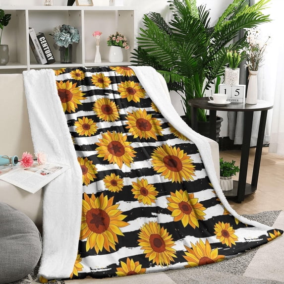 Black White Striped Sunflower Pattern Blanket,Comfortable Soft Lamb Wool Throw Blanket,All Season,Warm Lightweight Blankets for Sofa Bed Couch Living Room Chair,50"x60"