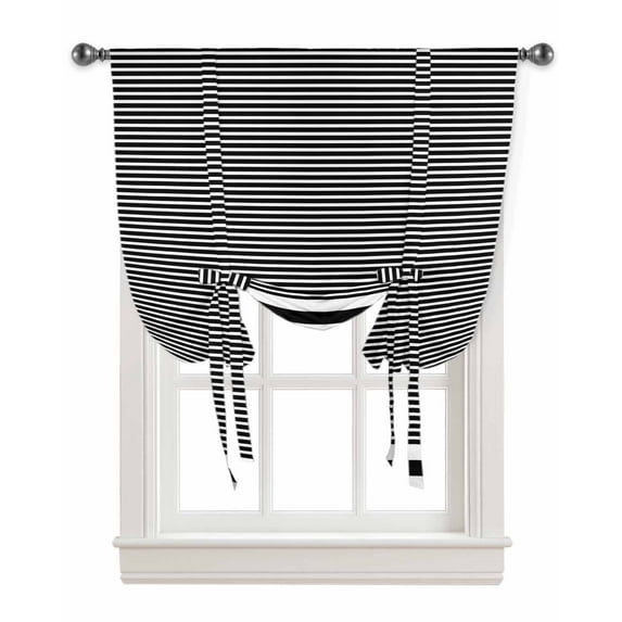Black White Striped Tie Up Curtains for Window, Farmhouse Geometric Horizontal Lines Stripes Thermal Insulted Balloon Shade Adjustable Rod Pocket Curtains Valance for Kitchen Bathroom Café 42 x 63