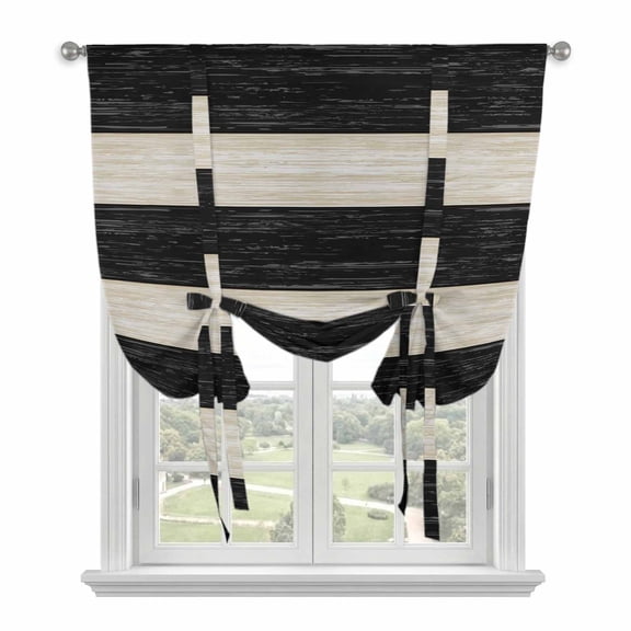 Black White Striped Tie Up Curtains for Windows, Adjustable Balloon Window Shades, Farmhouse Vintage Shabby Chic Wood Grain Kitchen Window Treatments Farmhouse Short Curtains with Rod Pocket 42"x45"