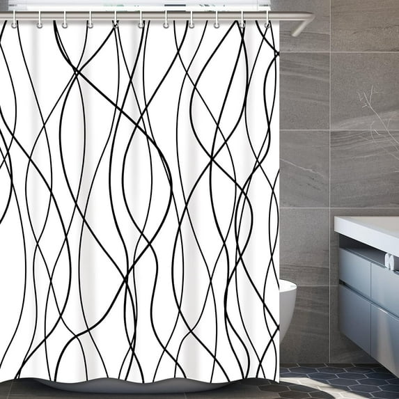 Black and White Striped Wavy Line Fabric Shower Curtain for Bathroom with 12 Hooks, Shower Curtains for Bathroom 78 Inches Long, Weighted Hem,Waterproof Bath Accessories Hotel Style