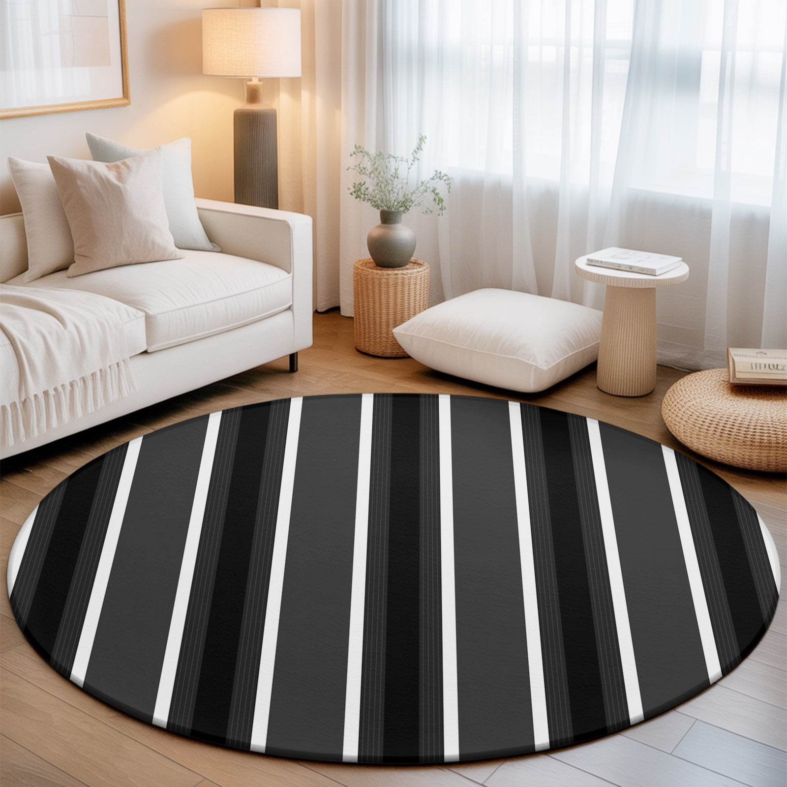 Black White Stripes 3' Round Rug for Bathroom Accent Bedside Corner ...