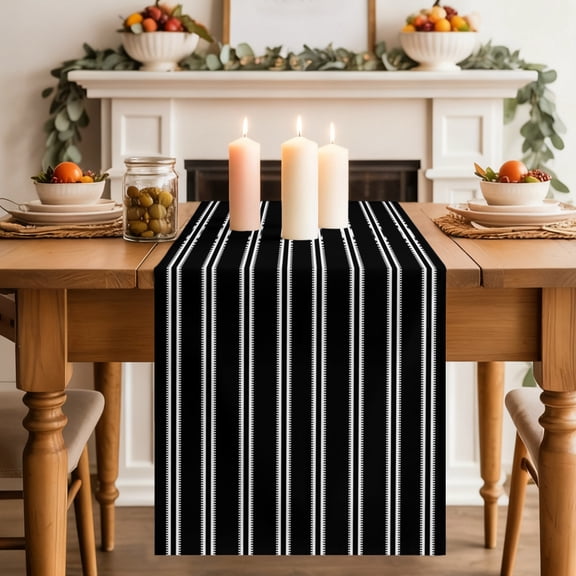 Black White Stripes Dining Table Runner, Modern Black Verticals Lines Washable Table Runners Kitchen Coffee Table Center Decor for Home Party Holiday Wedding 13 x 36 Inches
