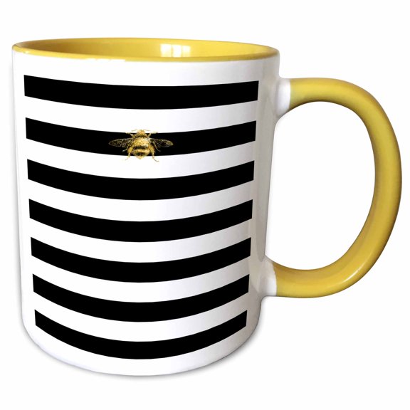 3drose, Black White Stripes Horizontal Golden Bee, 11oz Two-tone Yellow Mug