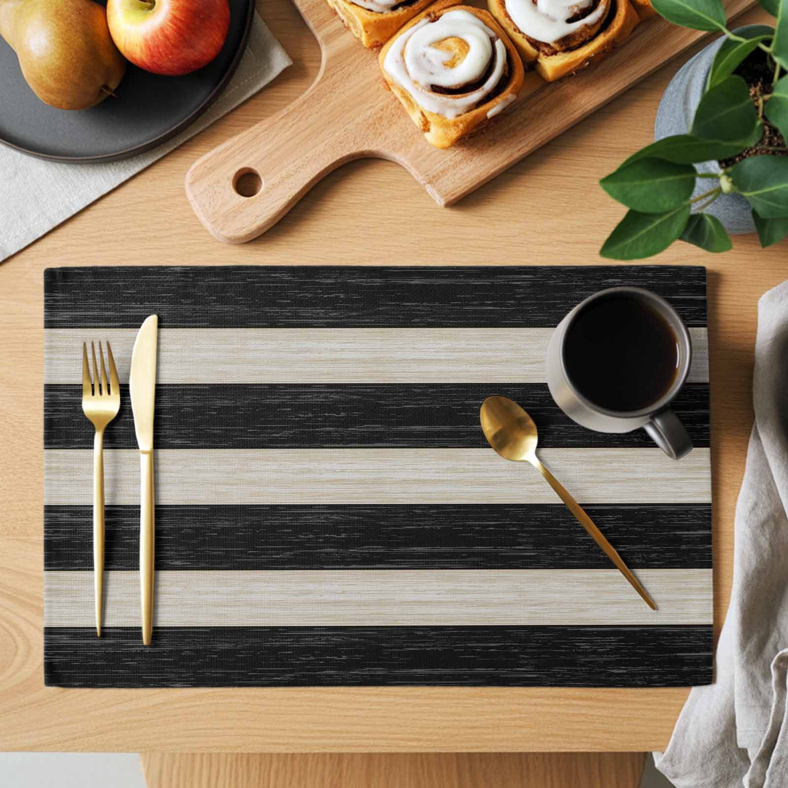 Black White Stripes Placemats Set of 12, Vintage Wood Grain Abstract ...