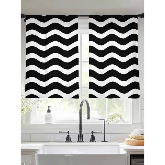 Black and White Stripes Ripple Chiffon Sheer Curtains 45 Inches Long, Abstract Geometric 2 Rod Pocket Window Treatment Voile Drapes Curtains for Living Room Bedroom,2 Panels, 52x45In