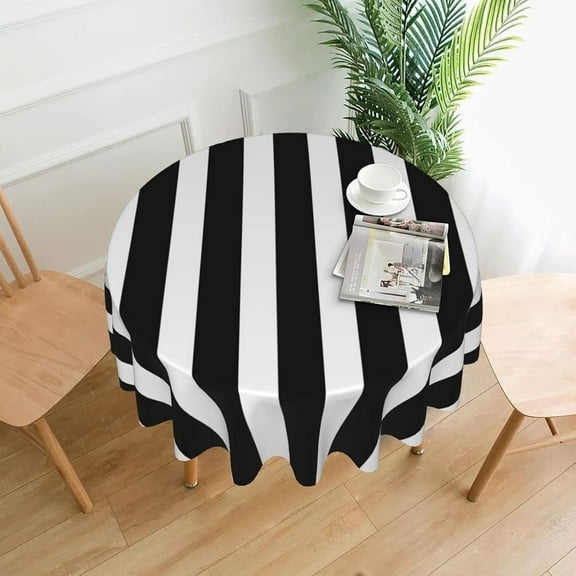 Black White Stripes Round Tablecloth Washable Reusable Decoration Table Cover for Kitchen Party 60"