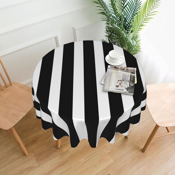 Black White Stripes Round Tablecloth Washable Reusable Decoration Table Cover for Kitchen Party 60"