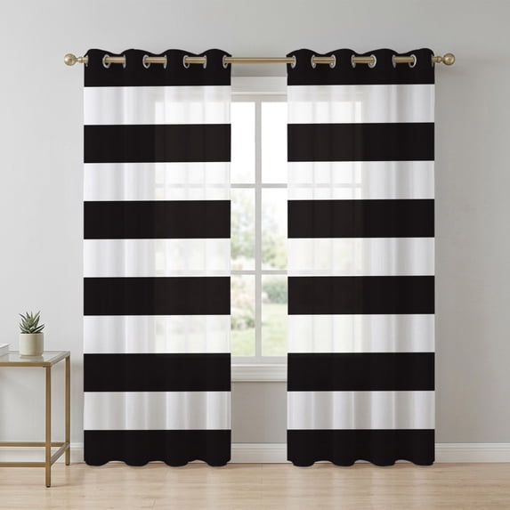 Black and White Stripes Sheer Curtains 90 Inch Long 2 Panels, Classic ...