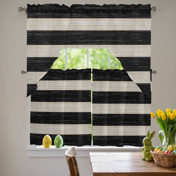 Black White Stripes Swag Curtains Valance & Tier Set, Vintage Wood Grain Abstract Simple 3 Pcs Set Kitchen Swag Valances and Tiers 36 Inch Length Rod Pocket Curtain Drapes for Bedroom