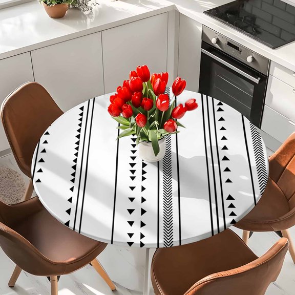 Black White Stripes Triangles Boho Style Round Fitted Tablecloth with Elastic Edge,Waterproof Table Cloth Fits 36"-44",Wipeable Table Cover for Indoor Outdoor Dinning,Geometric Abstract Art