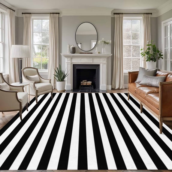 Black and White Stripes Washable Living Room Rugs 5'x7', Geometric Modern Low Pile Throw Large Area Rugs Non-Slip Sturdy Edge Binding Carpet for Dining Room Bedside Kitchen