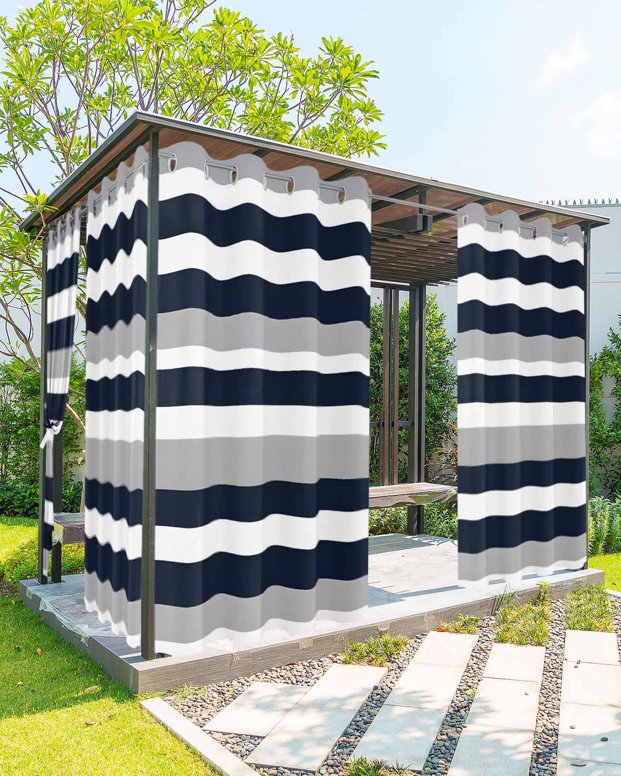 Black White Stripesd Outdoor Curtains for Patio, Minimalist Geometric Grey Privacy Drapes Grommet Waterproof Outside Curtains for Porch/Cabana/Balcony 54"x 108", 1 Panel