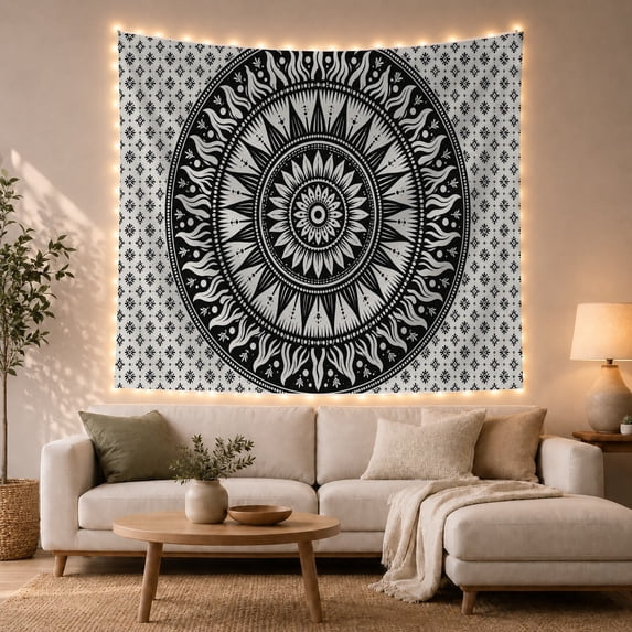 Black and White Sun Mandala with Wavy Rays, Serene Boho Style for Meditation Enthusiasts, Celestial Wall Art, Housewarming Gift, Tapestry Wall Hanging for Bedroom and Yoga Room