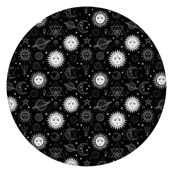 Black White Sun Moon Planet Star Pattern Round Fitted Tablecloth with Elastic Edge,Dining Table Cover Waterproof,Outdoor Round Tablecloth for Camping,Dining,Indoor and Outdoor