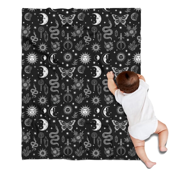 Black White Sun Moon Snake Butterfly Pattern Blanket,Comfortable Soft Flannel Throw Blanket,All Season,Warm Lightweight Blankets for Sofa Bed Couch Living Room Chair,30"x40"