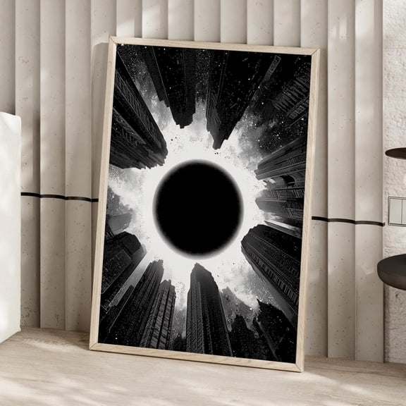 Black White Surreal Circular Skyscraper Cosmic Portal Cityscape Modern Architectural, Unframed Poster