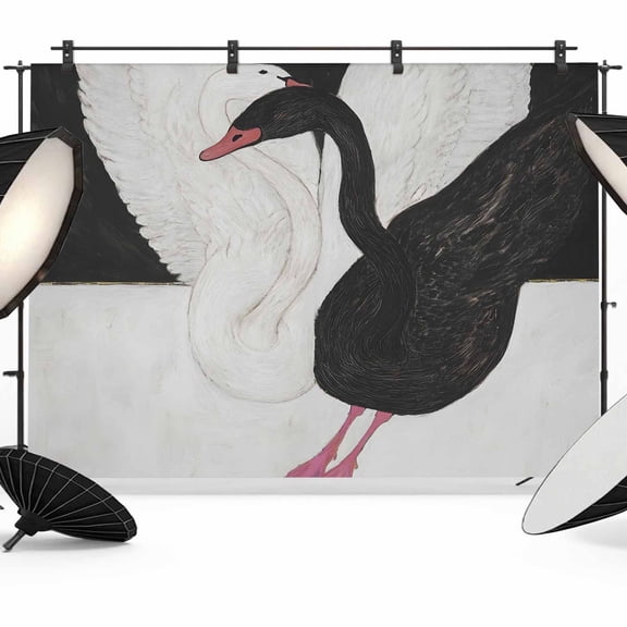 Black White Swan Backdrops for Photography, Vintage Romantic Swan Interlocked Necks Animal Pattern Fabric Photo Background Sturdy Studio Props for Photo Studio, Video Recording Photoshoot 10x8ft