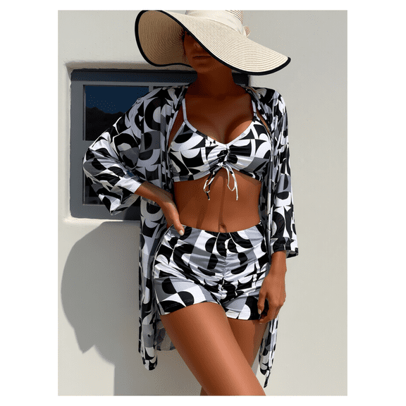Black White Swimsuit Cover Up Set - 3 Piece Geometric Beach Wear for Women; Casual Swimsuit Cover-Up Shorts & Top; Vacation Summer Outfit