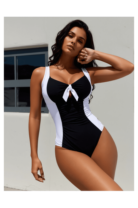 Black White Swimsuit Women One Piece, Retro Color Block Bathing Suit, Bowknot Vintage Swimwear, Modest Swimsuits for Women, Classic Swimsuits for Beach & Pool