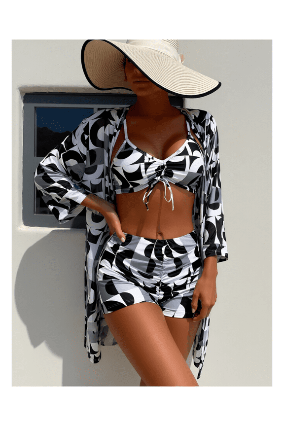 Black White Swimwear Cover Up Set - 3 Piece Geometric Print Beach Bathing Suit Cover-Up for Women; Casual Summer Vacation Resort Wear; Quick Dry Bikini Coverups