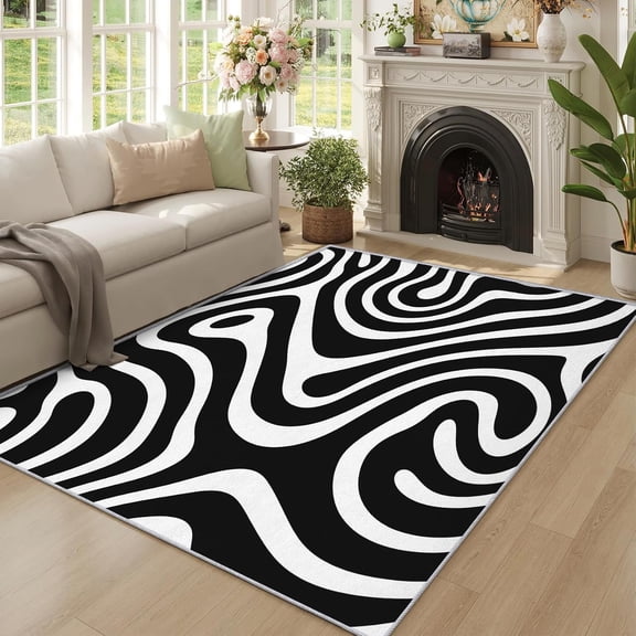 Black White Swirl Area Rugs, Abstract Geometric Carpet, Washable Non Slip Low Pile Soft Rug for Living Room Bedroom Decor Mat 2x3ft