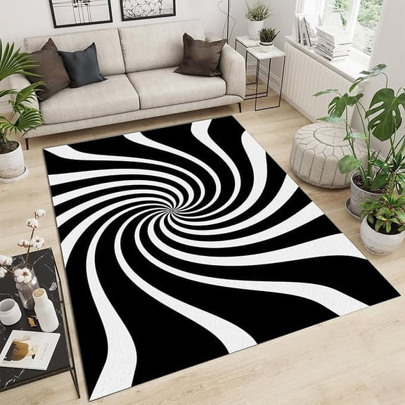 Black And White Swirl Large Area Rug, Abstract Distorted Optical Illusion Non Slip Print Rugs, Soft Machine Washable Carpet For Indoor Bedroom Living Room Office Decor Rug 5 x 8ft