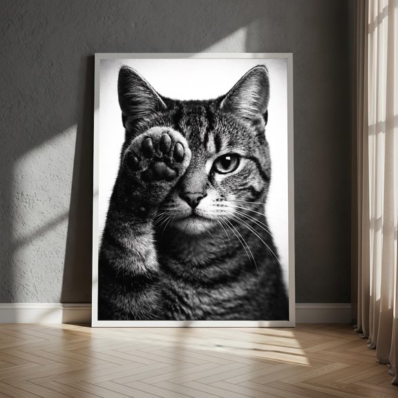 Black White Tabby Cat Wall Art Print With Model Pose And Chic Decor