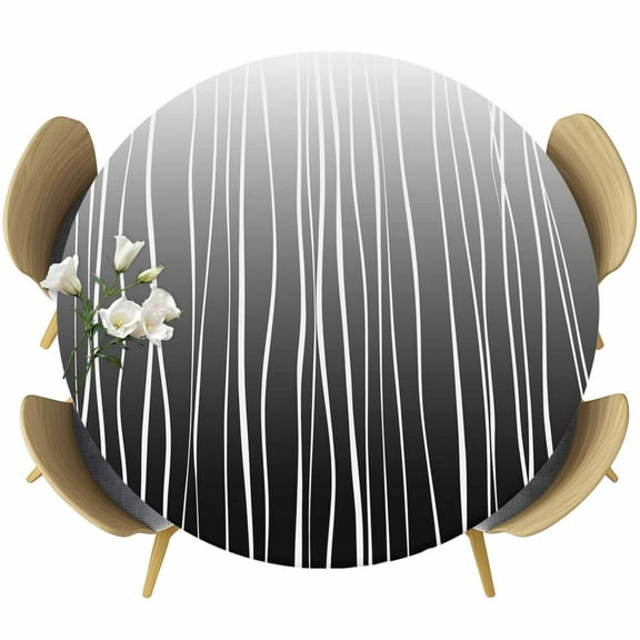 Black White Table Cloth, Round Fitted Tablecloths with Elastic Edge, Ombre Gradient Striped Minimalist Texture Wipeable Waterproof Table Cover for Kitchen Wedding 45-54 Inches