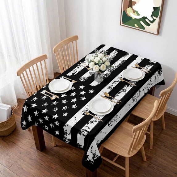 Black White Table Cloth Waterproof Tablecloths, Retro Stars Stripes Flag Shabby Chic Texture Tablecloth Dining Table Cover for Kitchen Party Tabletop Outdoor, Rectangle Tablecloth 60x84 Inch