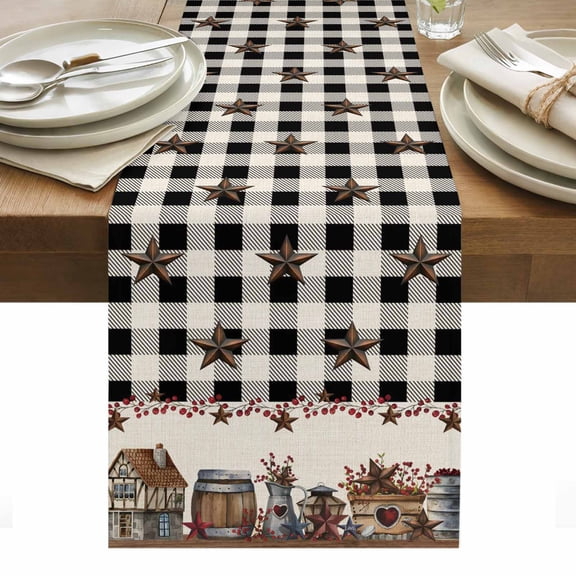 Black White Table Runner 13 x 48 Inch, Buffalo Plaid Country Star Barn Barrel Farmhouse Washable Cotton Linen Dining Table Runner Tabletop Decorations for Restaurant Home Kitchen Party