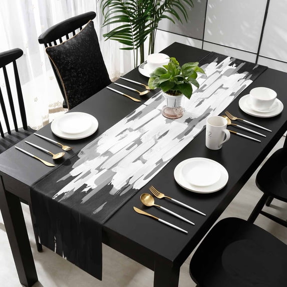 Black White Table Runner 70 Inches Long,Abstract Graffiti Paint Country Retro Tribal Kitchen Dining Burlap Linen Tablerunner for Small/Round/Square/Wedding/Coffee/Dining Table Party Décor 13 x 70