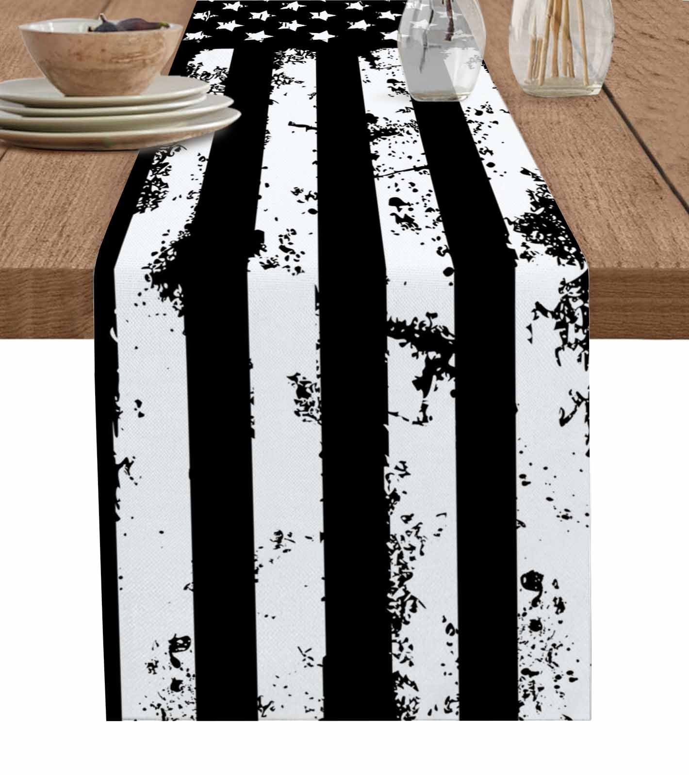 Black White Table Runner 72 Inches, Retro Stars Stripes Flag Shabby ...