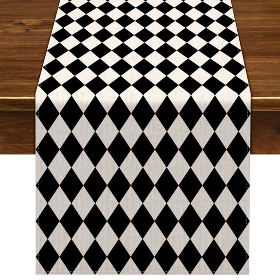 Black White TableRunner Tea Themed Party Decoration Holiday Checkered Table Cover for Kitchen Dining Room (33*183cm)