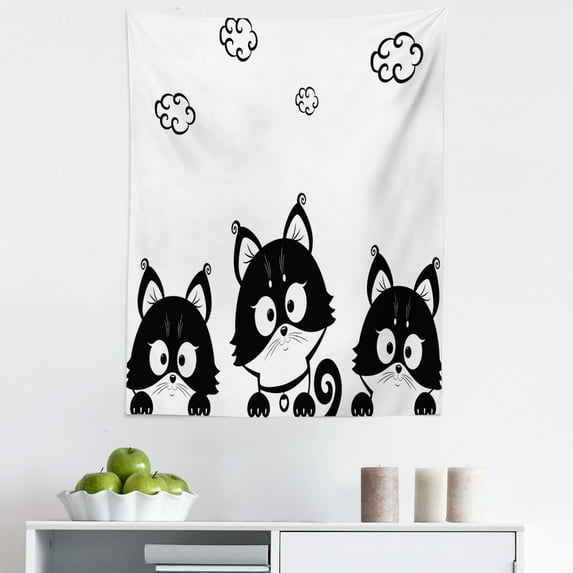Black White Tapestry, 3 Kittens with Clouds over Their Heads Small Thoughts Art, Fabric Wall Hanging Decor for Bedroom Living Room Dorm, 5 Sizes, Black and White, by Ambesonne