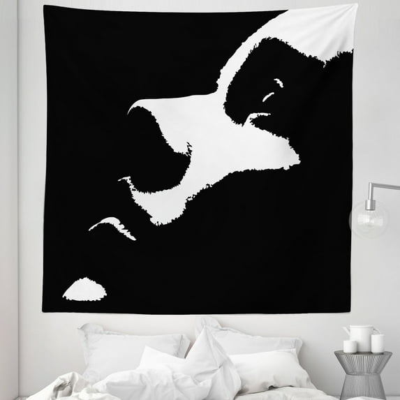 Black and White Tapestry, Contemporary Design of Closeup Side Profile Portrait Woman Face Print, Fabric Wall Hanging Decor for Bedroom Living Room Dorm, 5 Sizes, Charcoal Grey, by Ambesonne