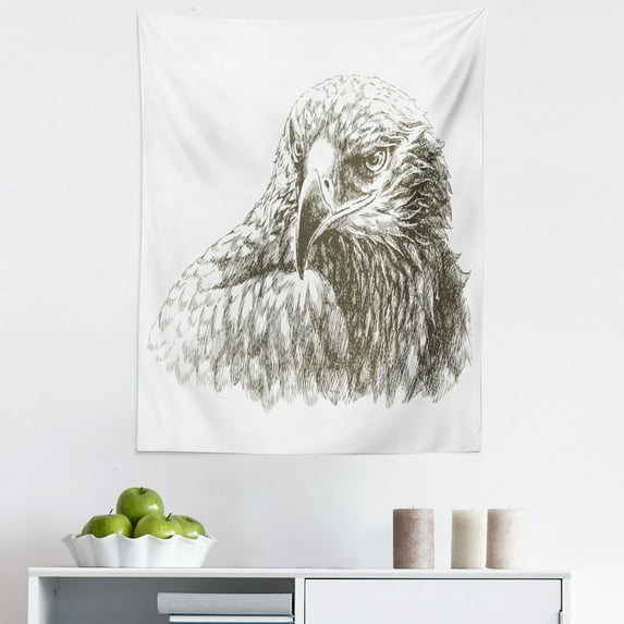 Black White Tapestry, Illustration of Eagle Wildlife Predator Bird Power Portrait Monochromic Art Print, Fabric Wall Hanging Decor for Bedroom Living Room Dorm, 5 Sizes, Black White, by Ambesonne