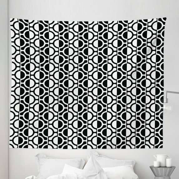 Black and White Tapestry, Lattice Pattern with Geometric Circles and Lines Abstract Monochrome Grid, Fabric Wall Hanging Decor for Bedroom Living Room Dorm, 5 Sizes, Black White, by Ambesonne