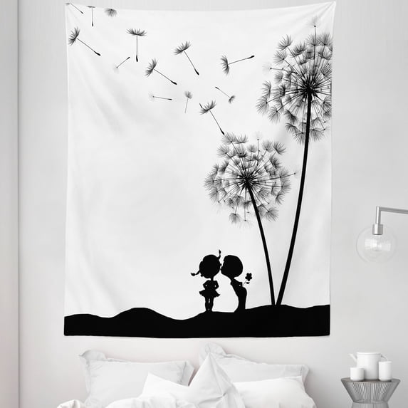 Black and White Tapestry, Little Boy and Girl Silhouette Under a Dandelion Monochrome Spring, Fabric Wall Hanging Decor for Bedroom Living Room Dorm, 5 Sizes, Charcoal Grey White, by Ambesonne