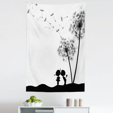 Black and White Tapestry, Little Boy and Girl Silhouette Under a Dandelion Monochrome Spring, Fabric Wall Hanging Decor for Bedroom Living Room Dorm, 5 Sizes, Charcoal Grey White, by Ambesonne
