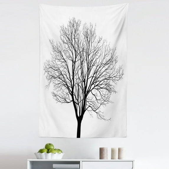 Black White Tapestry, Monochrome Barren Maple Tree Silhouette Hand Drawn Autumn Season Nature, Fabric Wall Hanging Decor for Bedroom Living Room Dorm, 5 Sizes, Black White, by Ambesonne
