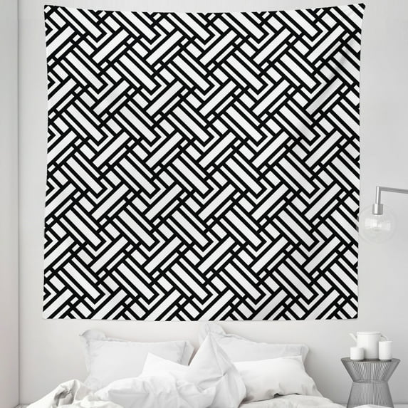 Black and White Tapestry, Monochrome Interlocking Stripes Pattern with Modern Abstract Inspirations, Fabric Wall Hanging Decor for Bedroom Living Room Dorm, 5 Sizes, Black White, by Ambesonne