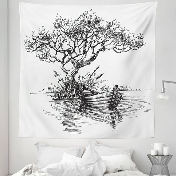 Black and White Tapestry, Sketch Drawing of Lonely Dried Tree by the Lake and Old Grunge Boat, Fabric Wall Hanging Decor for Bedroom Living Room Dorm, 5 Sizes, Charcoal Grey, by Ambesonne