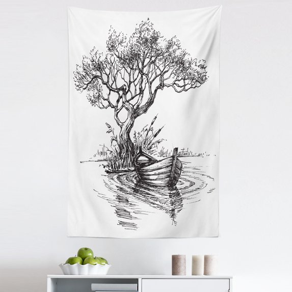 Black and White Tapestry, Sketch Drawing of Lonely Dried Tree by the Lake and Old Grunge Boat, Fabric Wall Hanging Decor for Bedroom Living Room Dorm, 5 Sizes, Charcoal Grey, by Ambesonne